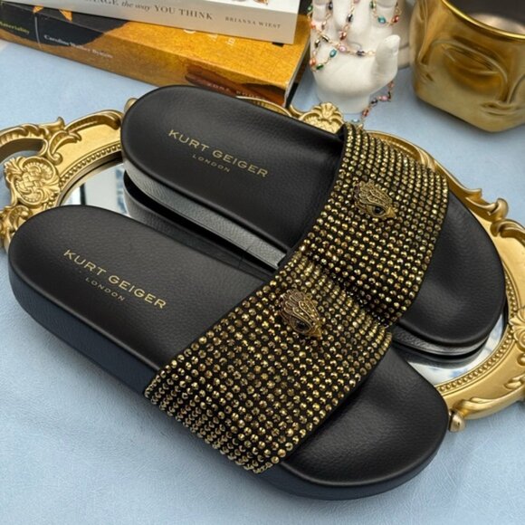 🆕 KURT GEIGER LONDON 🧿 NWOB Meena Eagle Black & Gold Studded Slide, Sz 7.5 - Picture 7 of 11